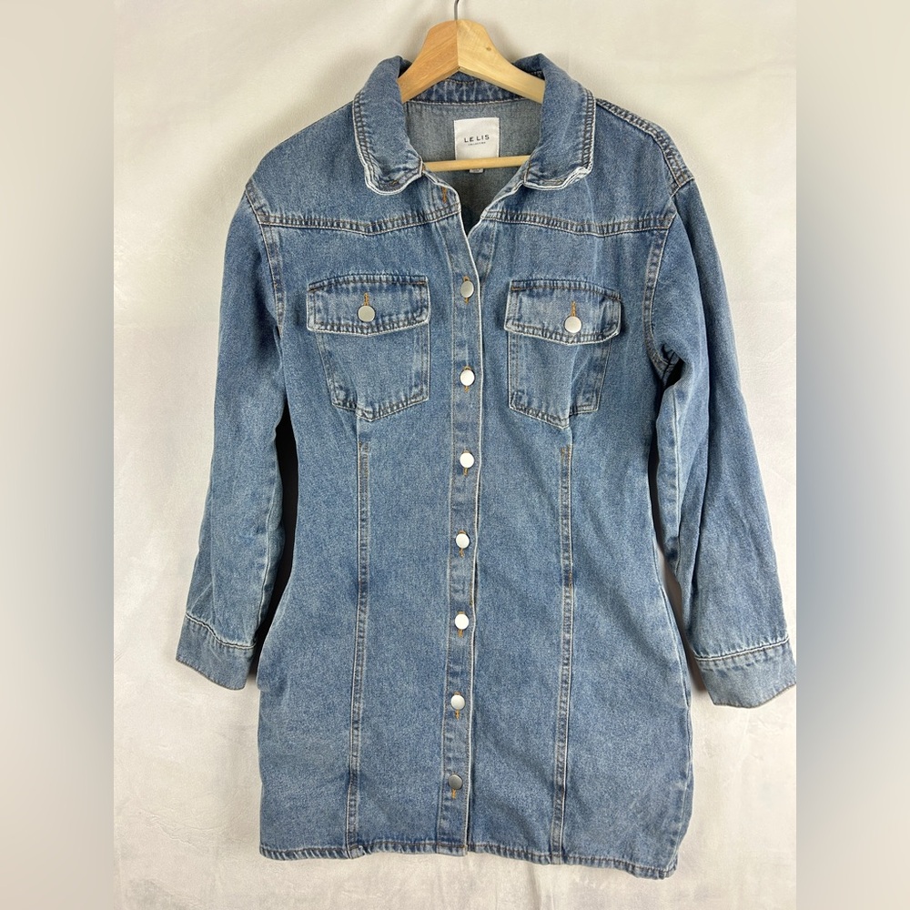 LE LIS Utility Denim Mini Dress Medium Blue Button Front Casual Street Style